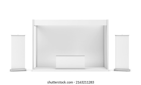 Blank Tradeshow Booth With Counter And Rollup Banner. 3d Illustration Isolated On White Background 