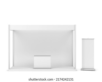 Blank Tradeshow Booth With Counter And Rollup Banner. 3d Illustration Isolated On White Background 