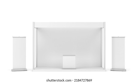 Blank Tradeshow Booth With Counter And Rollup Banner. 3d Illustration Isolated On White Background 