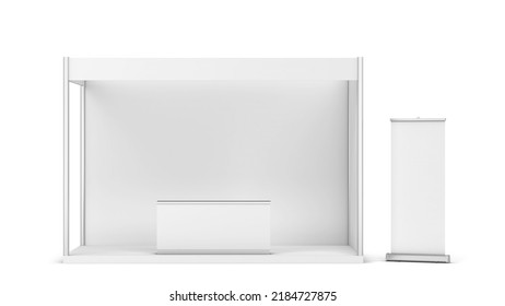 Blank Tradeshow Booth With Counter And Rollup Banner. 3d Illustration Isolated On White Background 