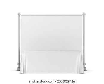 Blank Tradeshow Tablecloth With Backdrop Banner Mockup. 3d Illustration Isolated On White Background 