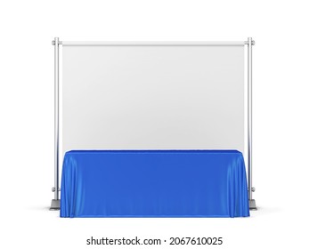 Blank Tradeshow Tablecloth With Backdrop Banner Mockup. 3d Illustration Isolated On White Background 