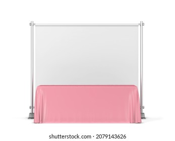 Blank Tradeshow Tablecloth With Backdrop Banner Mockup. 3d Illustration Isolated On White Background 