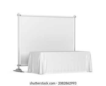 Blank Tradeshow Tablecloth With Backdrop Banner Mockup. 3d Illustration Isolated On White Background 