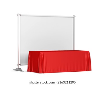 Blank Tradeshow Tablecloth With Backdrop Banner Mockup. 3d Illustration Isolated On White Background 