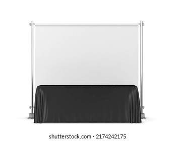 Blank Tradeshow Tablecloth With Backdrop Banner Mockup. 3d Illustration Isolated On White Background 