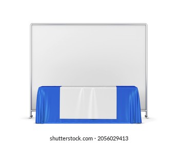 Blank Tradeshow Tablecloth With Runner And Backdrop Banner Mockup. 3d Illustration Isolated On White Background 