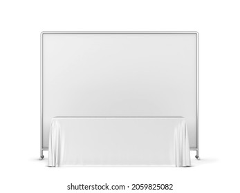 Blank Tradeshow Tablecloth With Runner And Backdrop Banner Mockup. 3d Illustration Isolated On White Background 