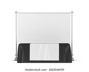 Blank Tradeshow Tablecloth With Runner And Backdrop Banner Mockup. 3d Illustration Isolated On White Background 