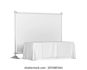 Blank Tradeshow Tablecloth With Runner And Backdrop Banner Mockup. 3d Illustration Isolated On White Background 