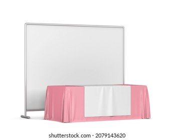 Blank Tradeshow Tablecloth With Runner And Backdrop Banner Mockup. 3d Illustration Isolated On White Background 