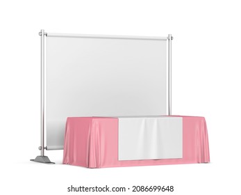 Blank Tradeshow Tablecloth With Runner And Backdrop Banner Mockup. 3d Illustration Isolated On White Background 