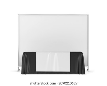 Blank Tradeshow Tablecloth With Runner And Backdrop Banner Mockup. 3d Illustration Isolated On White Background 