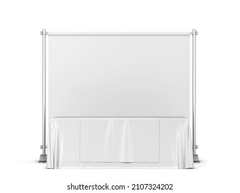 Blank Tradeshow Tablecloth With Runner And Backdrop Banner Mockup. 3d Illustration Isolated On White Background 