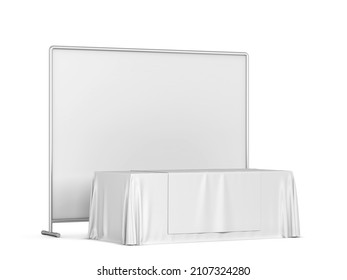 Blank Tradeshow Tablecloth With Runner And Backdrop Banner Mockup. 3d Illustration Isolated On White Background 