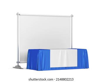 Blank Tradeshow Tablecloth With Runner And Backdrop Banner Mockup. 3d Illustration Isolated On White Background 