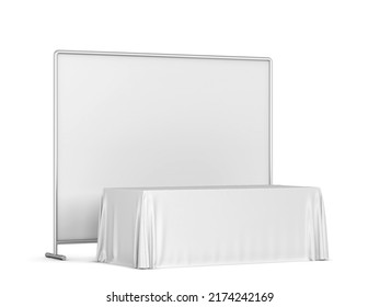 Blank Tradeshow Tablecloth With Runner And Backdrop Banner Mockup. 3d Illustration Isolated On White Background 