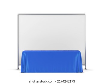 Blank Tradeshow Tablecloth With Runner And Backdrop Banner Mockup. 3d Illustration Isolated On White Background 