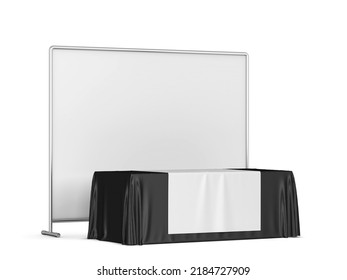 Blank Tradeshow Tablecloth With Runner And Backdrop Banner Mockup. 3d Illustration Isolated On White Background 