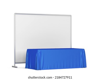 Blank Tradeshow Tablecloth With Runner And Backdrop Banner Mockup. 3d Illustration Isolated On White Background 