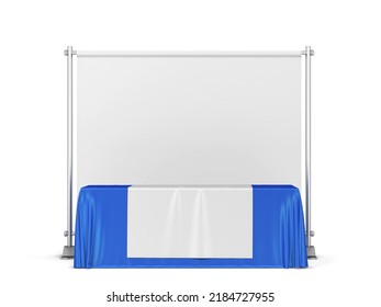 Blank Tradeshow Tablecloth With Runner And Backdrop Banner Mockup. 3d Illustration Isolated On White Background 