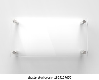 Blank Transparent Glass Interior Office Corporate Signage Plate Mock Up Template, Clear Printing Board For Branding, Logo. Transparent acrilic advertising signboard mock-up front view. 3D rendering