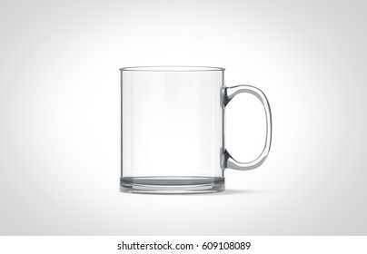 Blank Transparent Glass Mug Mockup Isolated, 3d Rendering. Clear Translucent Coffee Cup Mock Up For Sublimation Printing. Empty Gift Crystal Pint Branding Template. Glassy Restaurant Tankard Design.