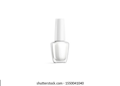 Blank Transparent Glass Nail Polish Bottle Mock Up, Isolated, 3d Rendering. Empty Glitter Enamel Pack Mockup, Front View. Clear Acrylic Or Gel Material For Manicure Or Pedicure Mokcup Template.