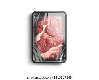 Blank transparent plastic tray with beef mockup, top view, 3d rendering. Empty fresh angus steak in container with cellophane mock up, isolated. Clear frozen butcher product packaging. 3D Illustration - Powered by Shutterstock