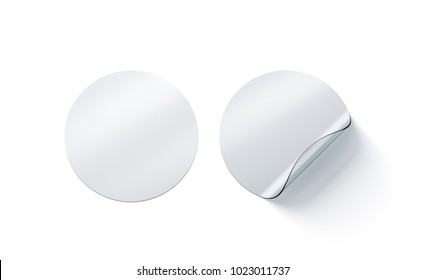 Blank transparent round adhesive stickers mock up with curved corner, 3d rendering. Empty circle sticky label mockup with curl. Clear adherent tag template for glass door or wall.