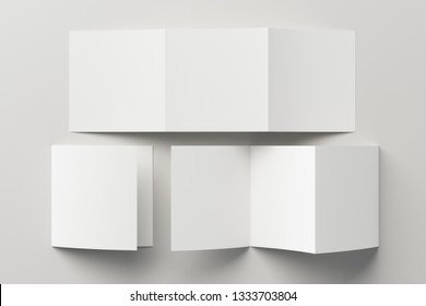 Blank trifold square brochure booklet on white background with clipping path around brochure. Folded and unfolded. 3D illustration