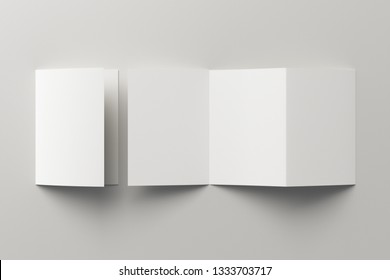 Blank Trifold Of Three Of A5/A4 Pages Brochure Booklet On White Background With Clipping Path Around Brochure. Folded And Unfolded. 3D Illustration