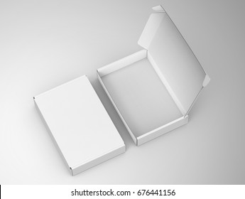 Blank tuck top box template, paper boxes mockup isolated on light gray background, one open and one closed, elevated view