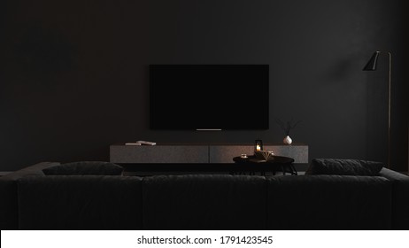 Blank TV Screen In Modern Dark Interior With Gray Sofa In Darkness Mock Up, Front View. TV In Living Room Interior Background, Empty TV Display Template, 3d Render