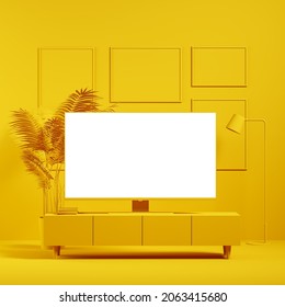 Blank TV Screen On A Curbstone. All In One Yellow Color. Mock Up. 3d Rendering