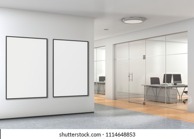 Blank Two Vertical Posters On The Wall In Modern Office With Clipping Path Around Poster. 3d Illustration