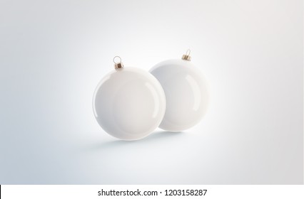 Blank Two White Christmas Ball For Tree Mockup Set, Isolated, 3d Rendering. Empty New Year Toy Mock Up. Clear Xmas Decoration Sphere For Pine. Traditional Cristmas Adornment Template.