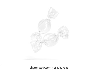 Blank Two White Hard Candy Foil Wrapper Mockup, No Gravity, 3d Rendering. Empty Round Toffy Or Dissolves Wrapped Mock Up, Isolated. Clear Chewing Or Caramel Nicy With Cellophane Pack Mokcup Template.