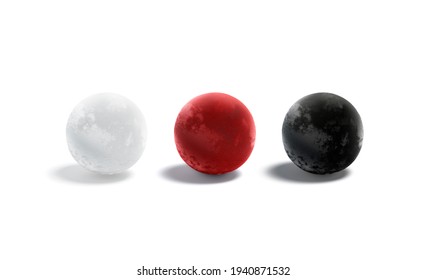 Blank Velvet Black, White And Red Ball Mockup Set, 3d Rendering. Empty Velour Or Fleece Glob Surface Mock Up, Isolated. Clear Velveteen Fabric Or Textile Material Template.