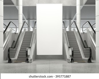 Blank vertical big poster in public place. Billboard mockup near to escalator in an mall, shopping center, airport terminal, office building or subway station. 3D rendering.