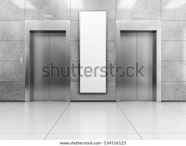エレベーターホール内の空白の縦の掲示板またはポスター 広告面の3dイラスト のイラスト素材