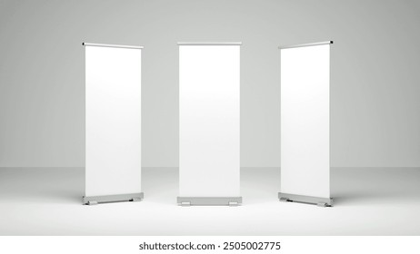 Blank vertical roll-up banner stand mockup on white background. Pull-up roller portable signage mock-up. White pop-up advertising display template. Roll up 3d ad banner on white background.