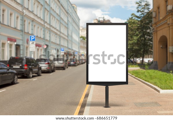 Blank vertical street billboard poster on\
city background. 3d\
illustration.