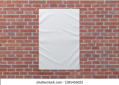 Blank vertical wrinkled street poster on brick wall. With clipping path around poster. 3d illustration