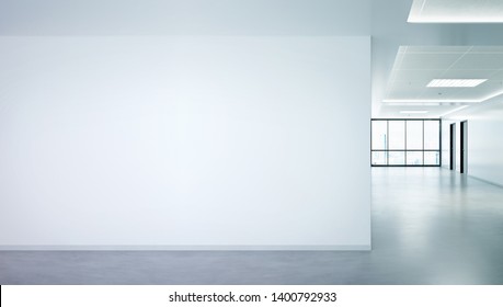 Blank Wall In Bright Office Mockup With Large Windows And Sun Passing Through 3D Rendering