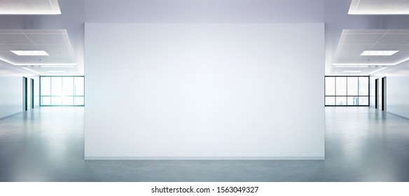 Blank Wall In Bright Office Mockup With Large Windows And Sun Passing Through 3D Rendering