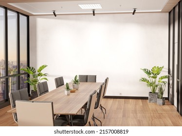 Blank Wall Mockup In Bright Wooden Office With Large Windows And Sun Passing Through. Empty Company Meeting Room 3D Rendering