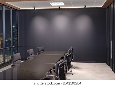 Blank Wall Mockup In Dark Modern Office With Windows And Bright Spotlights. Empty Company Meeting Room 3D Rendering