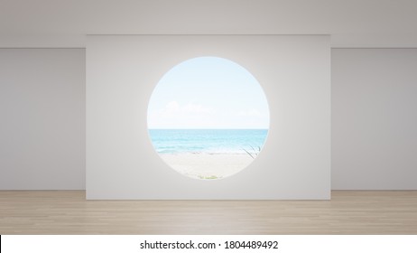 Blank wall on empty wooden floor of large living room in modern house or luxury hotel. Minimal home interior 3d rendering with beach and sea view.