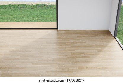 Blank wall on empty wooden floor of large living room in modern house or luxury hotel. Minimal home interior 3d rendering with beach and sea view.